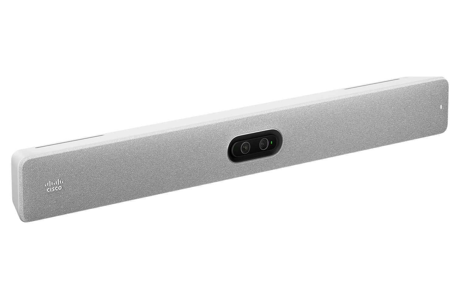 A three-quarter view of the the Cisco Room Bar Pro in the light color option.
