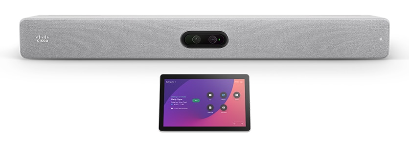 A front view of the the Cisco Room Bar Pro and Cisco Room Navigator.