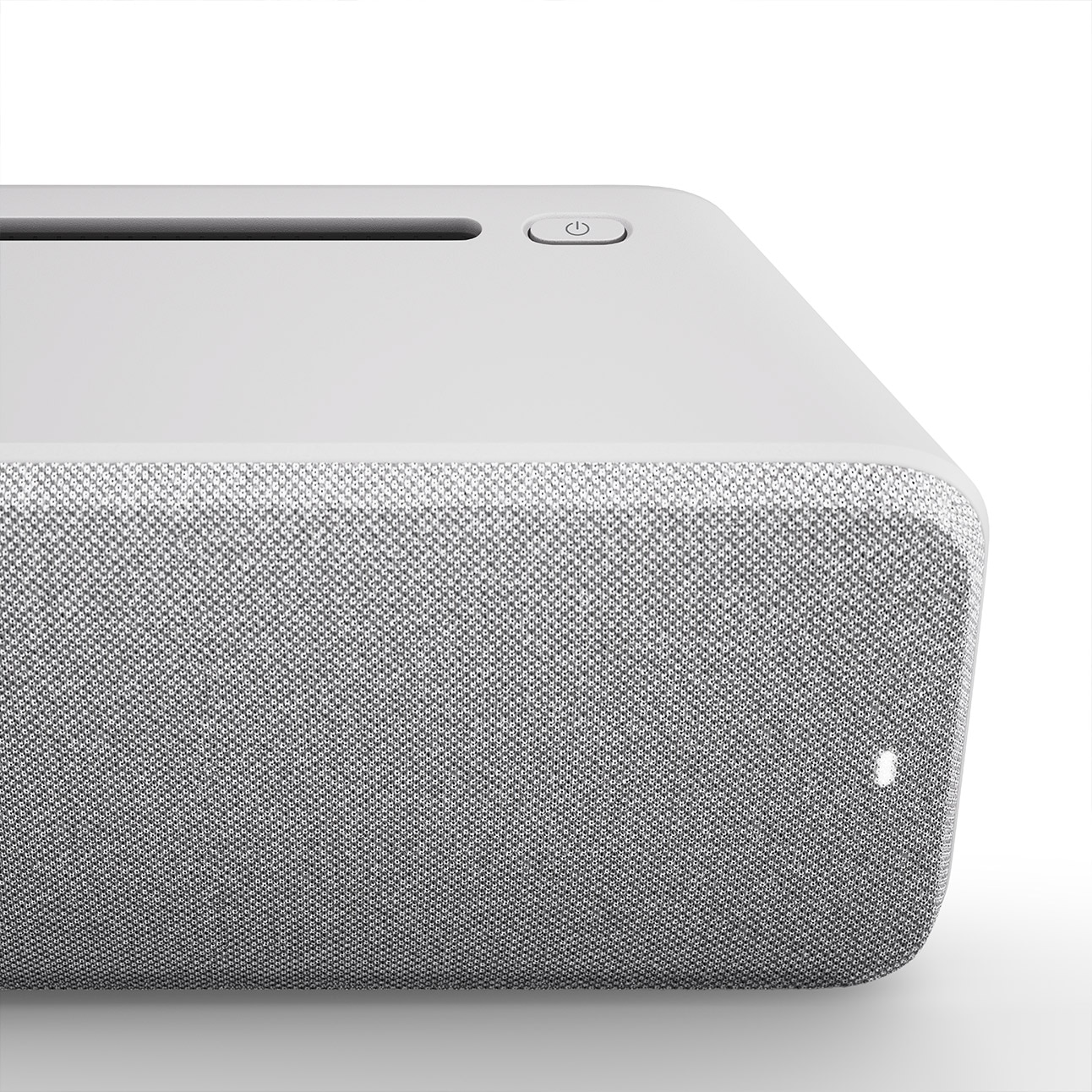 A close-up view of the the Cisco Room Bar Pro's speaker and power button.