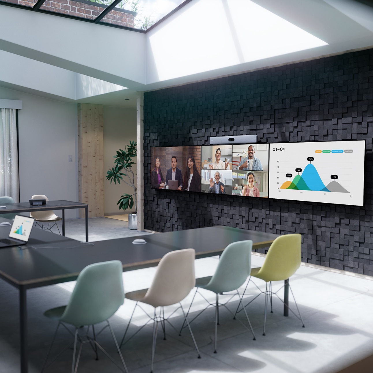 A meeting room with three displays showing an in-progress meeting. The Room Bar Pro is mounted to the middle display and an open laptop is on the meeting room table.