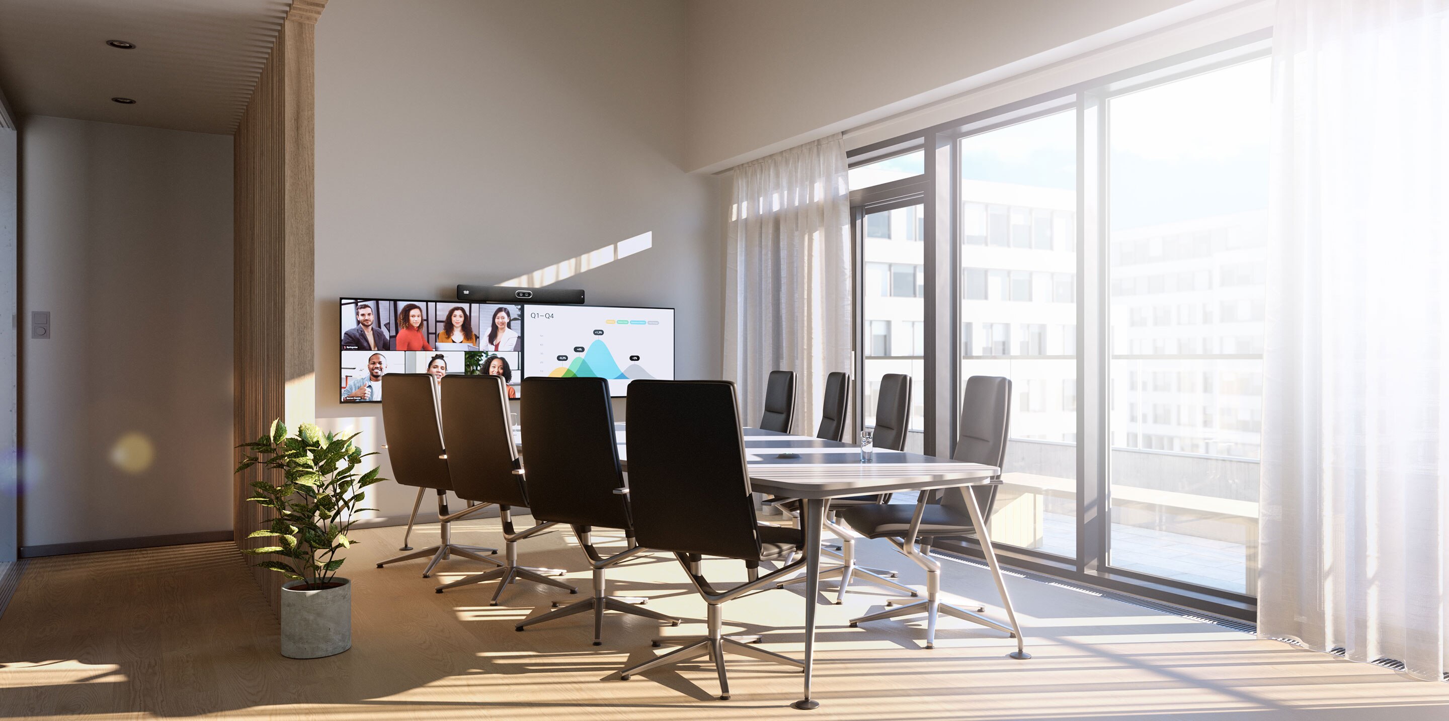 The Cisco Room Bar Pro video bar is mounted to the top of two displays showing a professionals in a video conference on one screen and content sharing on the other.