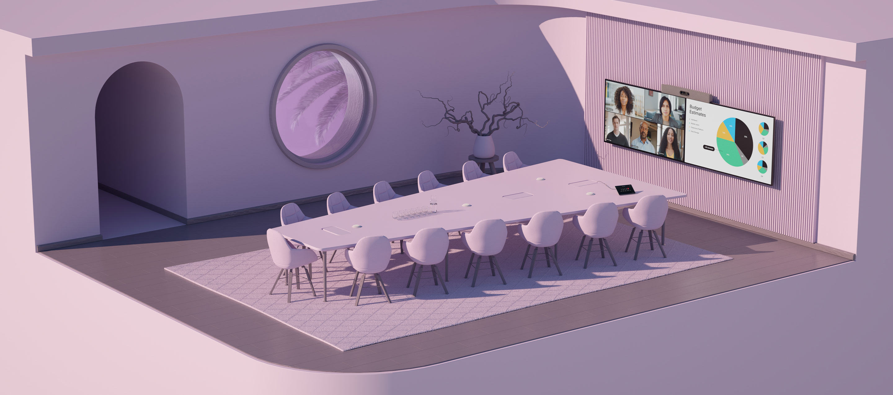 A render of a meeting room with thirteen chairs around table featuring the Cisco Room Navigator on the tabletop and the Cisco Room Kit EQ mounted above two displays showing a video conference.