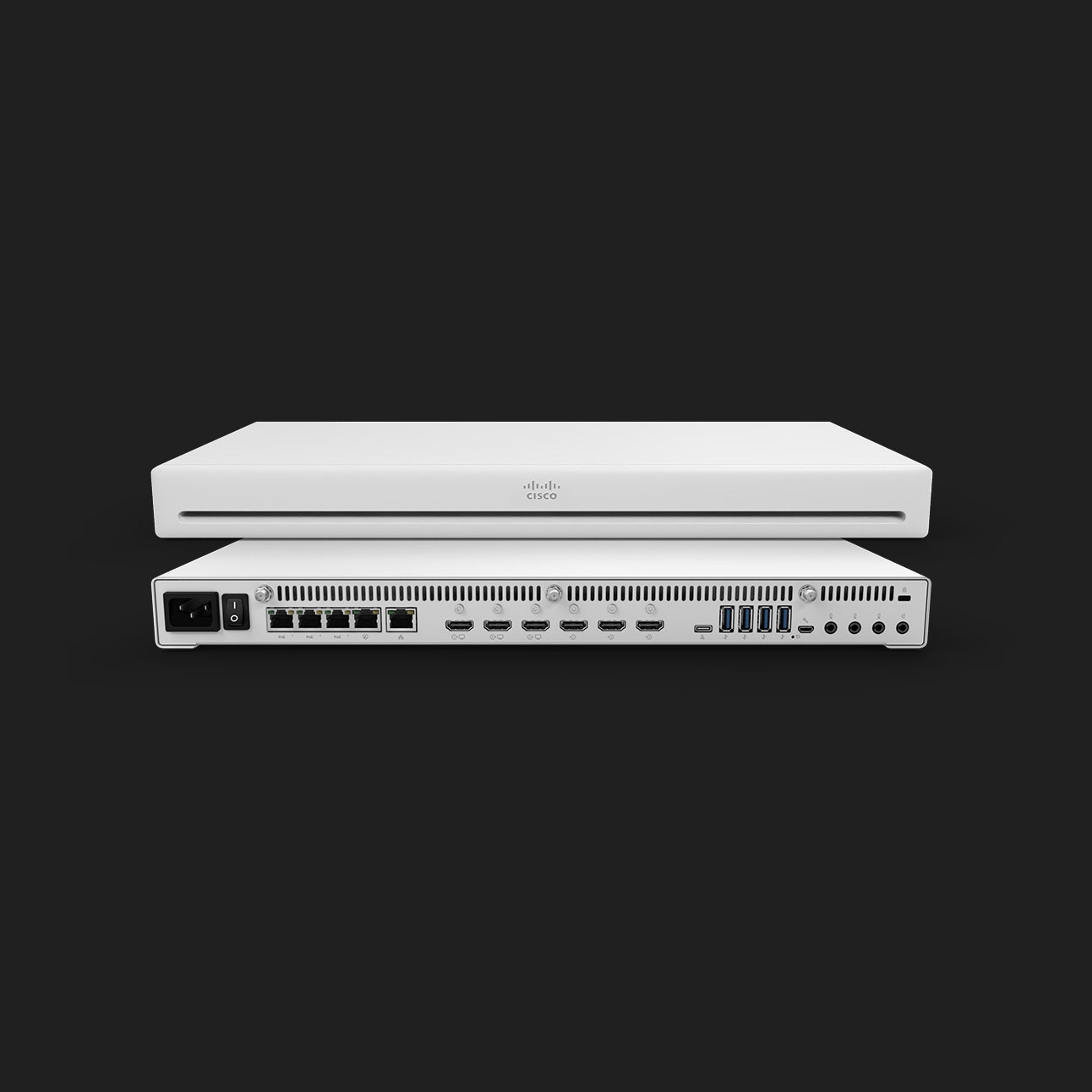A product detail shot of the front and back of the Cisco Codec EQ.