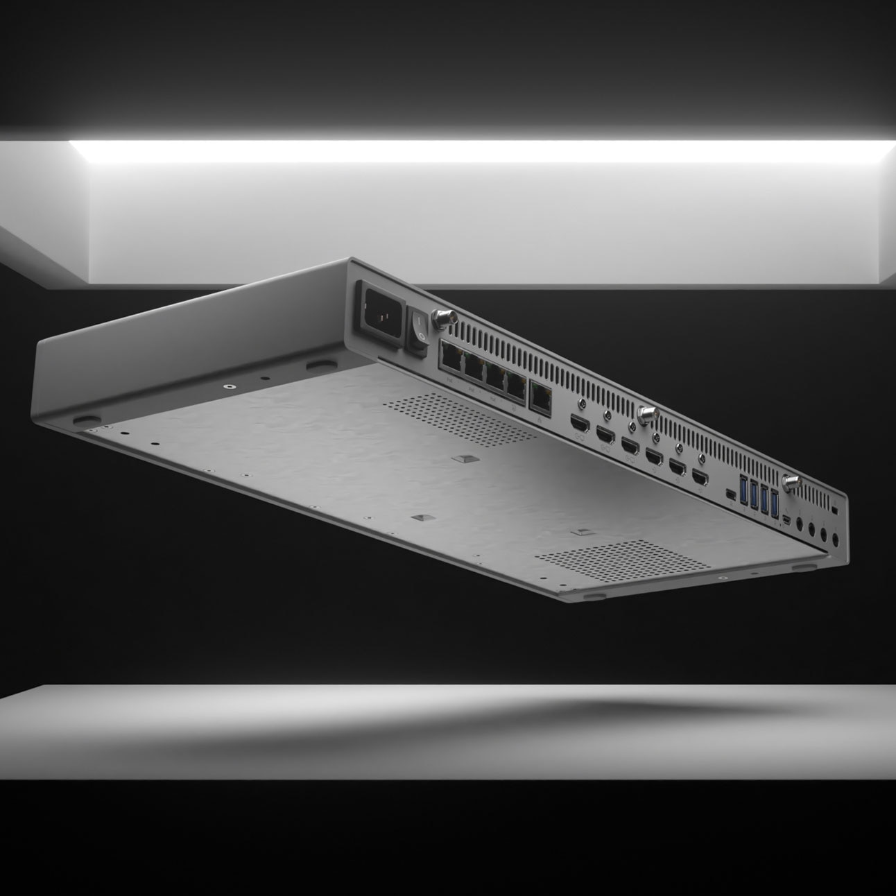 Detail photo of the back of the Cisco Codec EQ showing ports and power button.