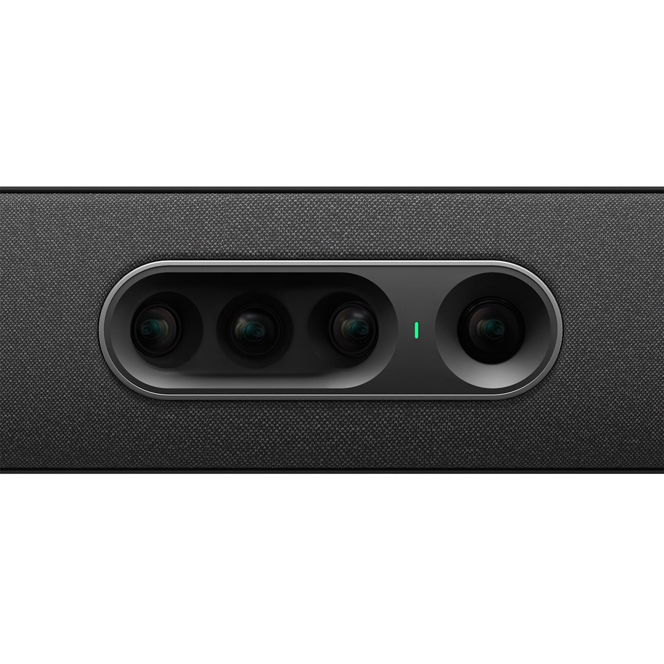 Close up of the Cisco Room Kit EQ Quad Camera showing the four camera lenses and a green light indicating the device is active.
