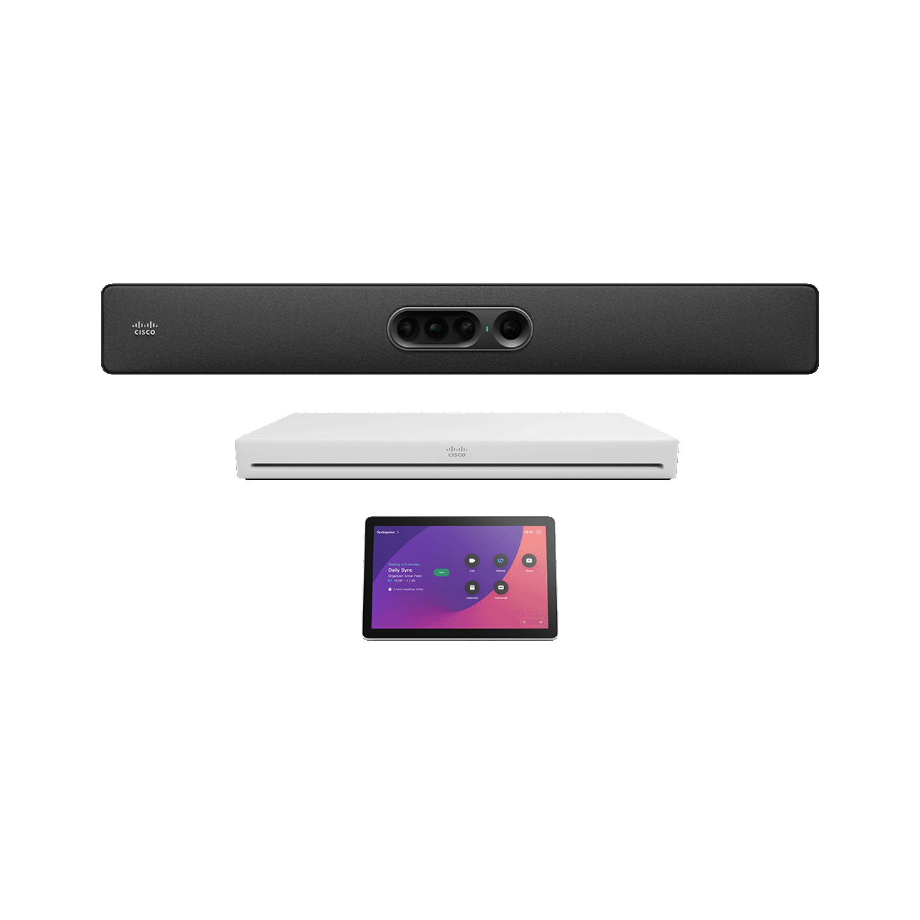Front-facing view of the Cisco Room Kit EQ (Carbon Black) including the Quad Camera and the Cisco Codec EQ.