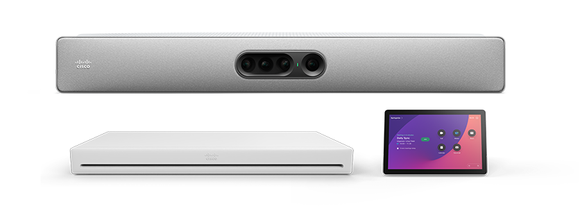 Front-facing view of the Cisco Room Kit EQ including the Quad Camera, Cisco Codec EQ, and Cisco Room Navigator tabletop edition.