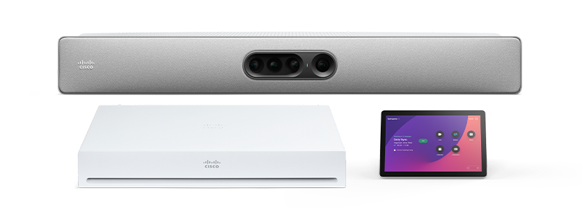 Front-facing view of the Cisco Room Kit Pro including the Cisco Codec Pro, the Quad Camera video bar, and the Cisco Room Navigator tabletop edition.