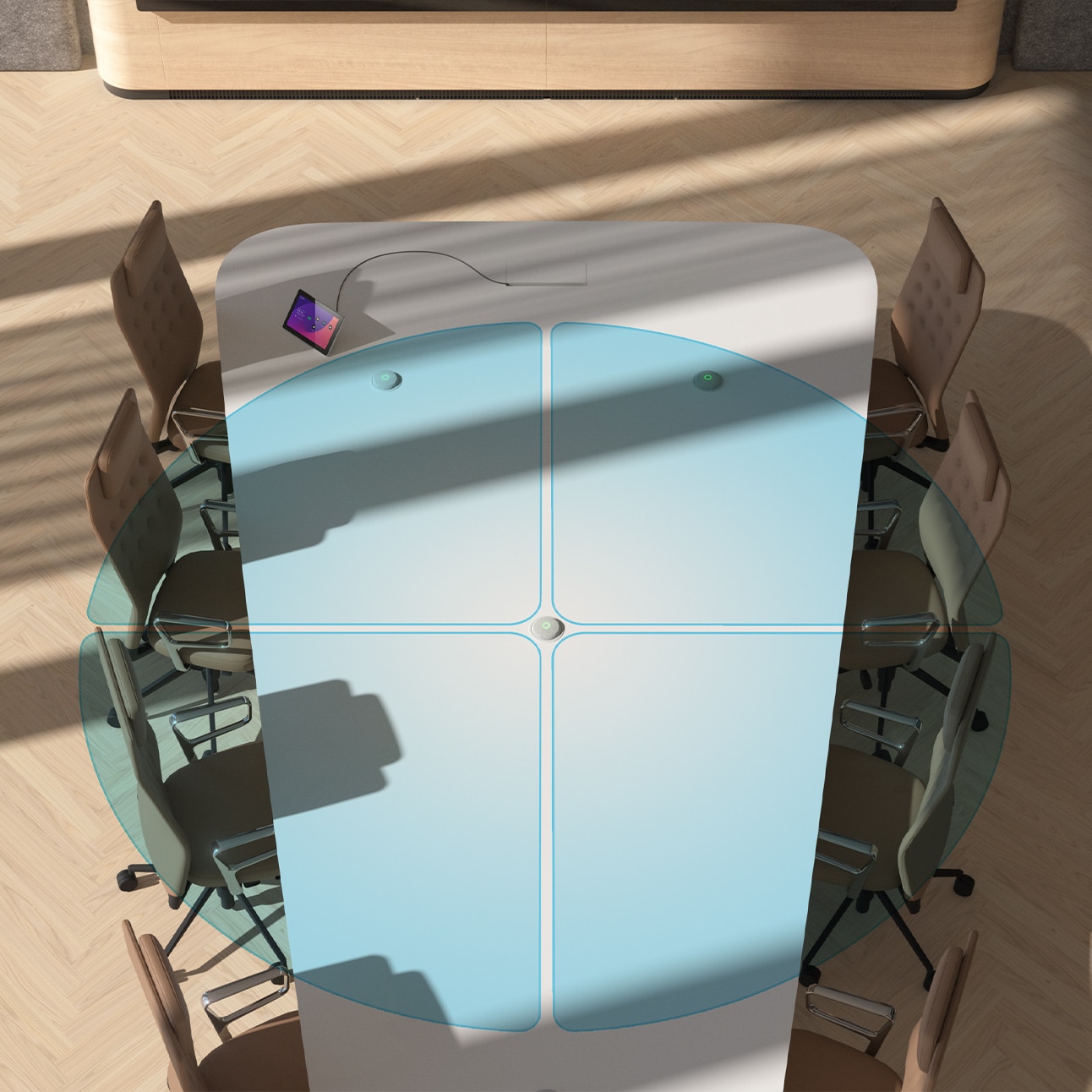 Top view of a conference room table with eight chairs, the tabletop Room Navigator and three Cisco Table Microphone Pro devices placed on the table furniture. The rendering shows the speech pickup pattern and coverage of the microphone located in the middle of the table.