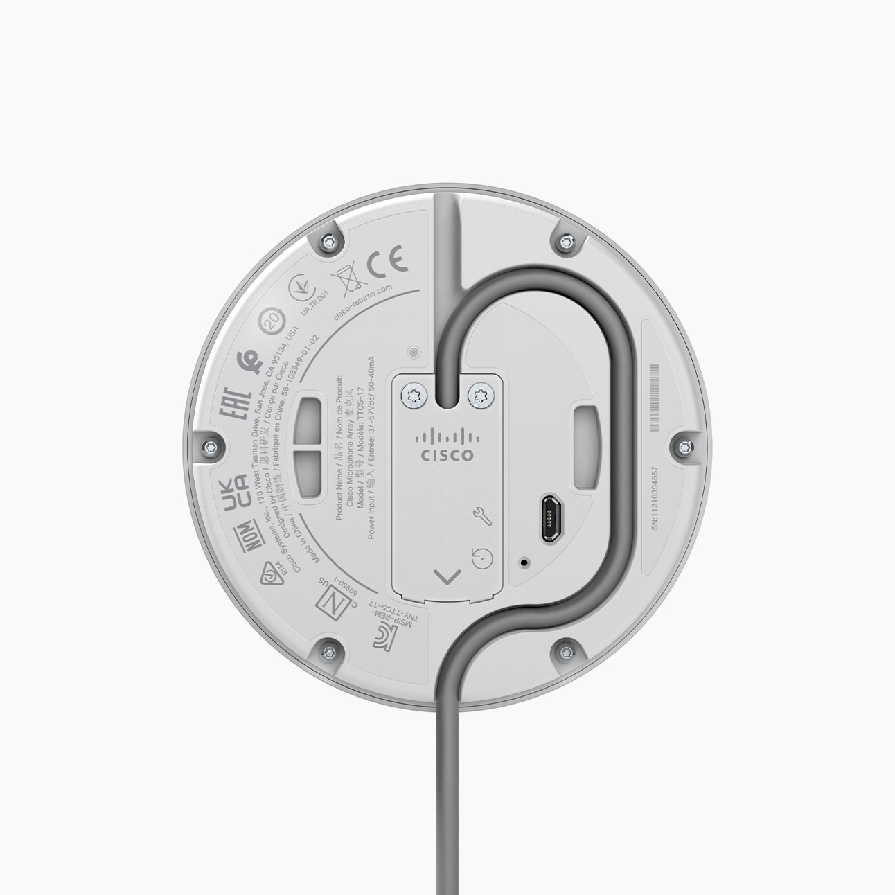 Bottom view of the Cisco Table Microphone Pro showing Ethernet cable routing, microUSB service port, factory reset pinhole, the Cisco logo, and product information.