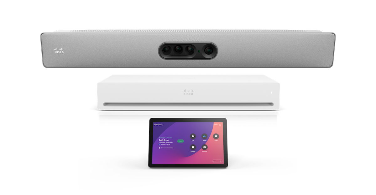 Perspective view of the Cisco Room Kit Pro video conferencing bundle, featuring the Cisco Quad Camera and the Cisco Codec Pro.