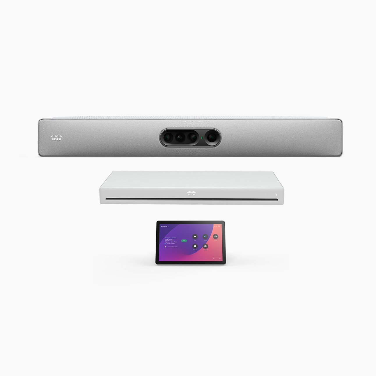 Front tilted close-up view of the Cisco Room Kit EQ video conferencing bundle, featuring the Cisco Quad Camera, the Cisco Codec EQ, and the tabletop Cisco Room Navigator.