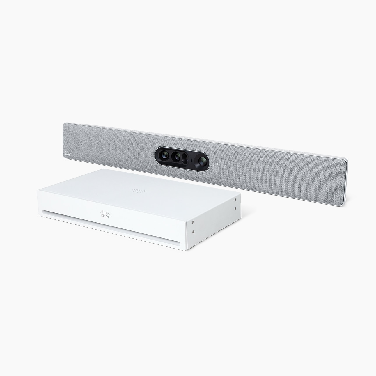 Perspective view of the Cisco Room Kit Pro video conferencing bundle, featuring the Cisco Quad Camera and the Cisco Codec Pro.