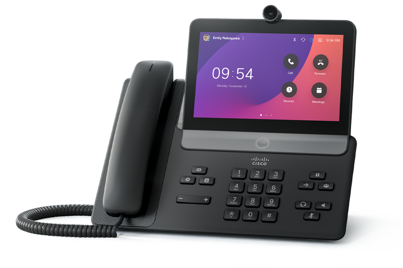 The Cisco Video Phone 8875 in the Carbon color (black).  Screen shows time of 9:54 and apps like Meetings and Call.