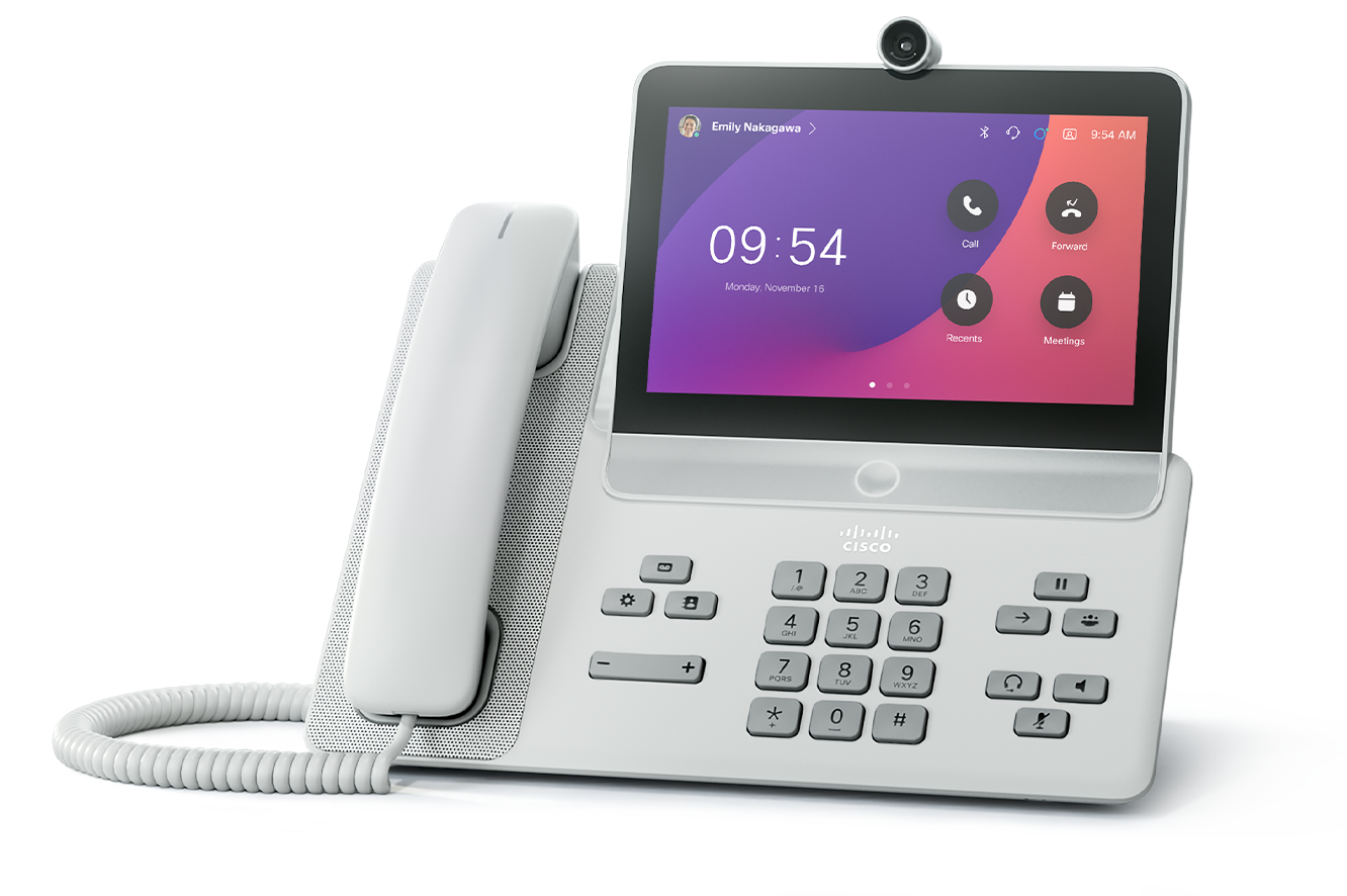 The Cisco Video Phone 8875 in the First Light color (white). Screen shows time of 9:54 and apps like Meetings and Call.