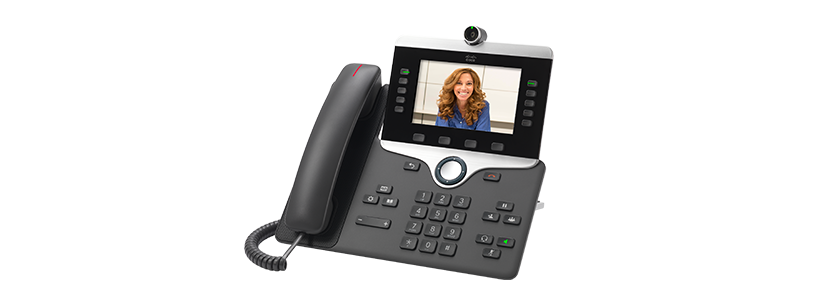 Cisco IP Phone 8845. Video meeting is in progress on the phone. Screen shows a smiling colleague who had joined the meeting.