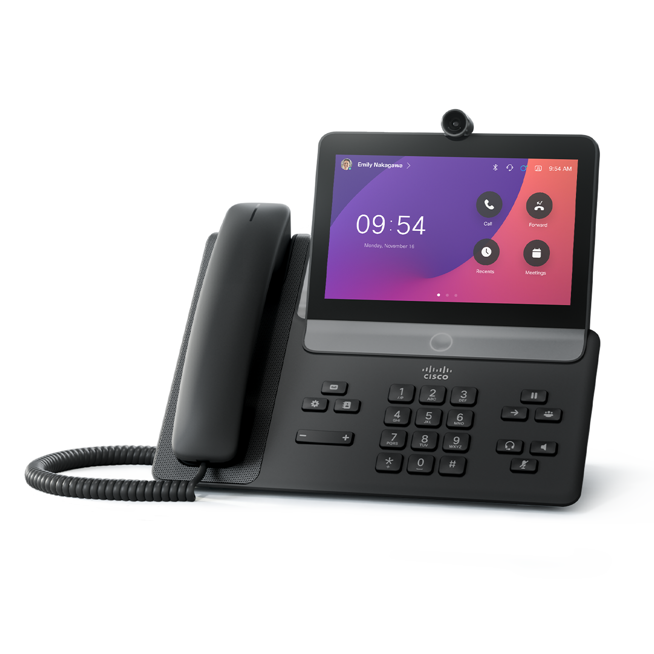 Cisco Video Phone 8875, with camera, handset, and touchscreen. Screen shows time of 9:54 and apps like Meetings and Call.