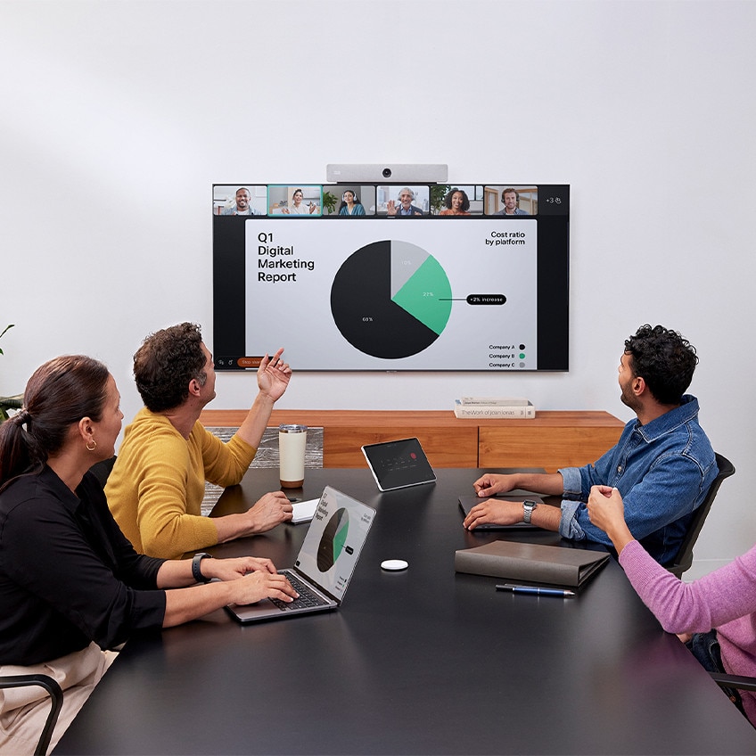 4 colleagues in a conference room having a video meeting with several remote colleagues using a Cisco Room Bar video bar.