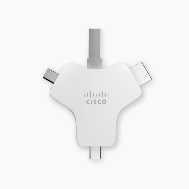 Cisco Multi-Head Cable 4K shown from top. Features 3 connectors: HDMI type A to USB-C, mini display port, and HDMI type A