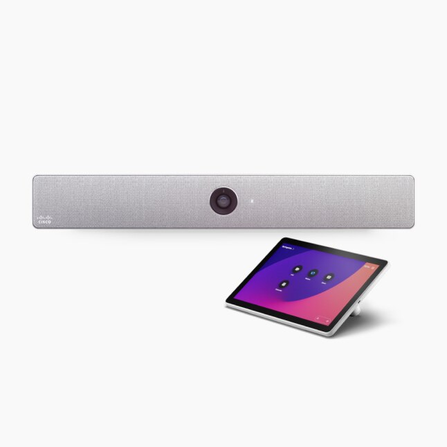 Cisco Room Kit and Cisco Room Navigator. The Room Kit's camera is visible at the center of this video conferencing device.