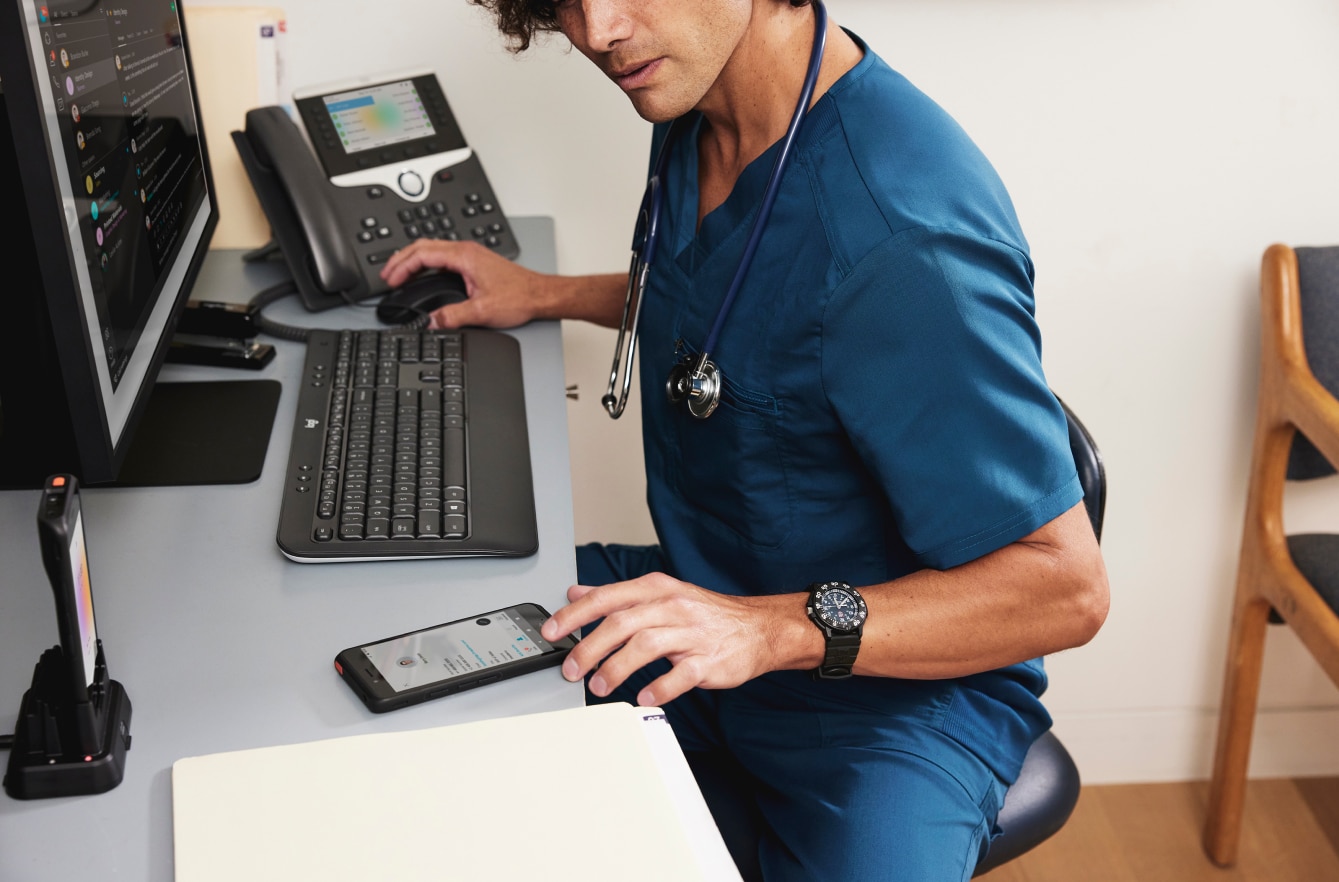 Healthcare worker using a virtual PBX system