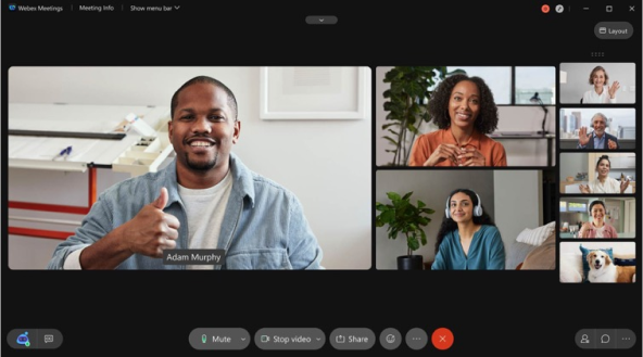 Computer screen showing a virtual meeting with eight total video conferencing participants.