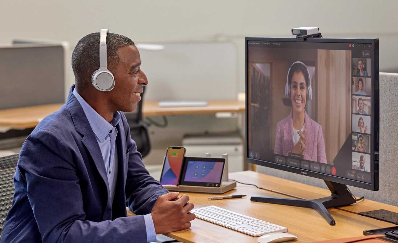 A remote worker participating in a webinar