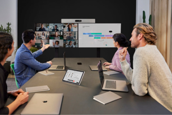 A hybrid work example: a conference room desk includes four people who are talking to nine other people via a monitor on the wall.