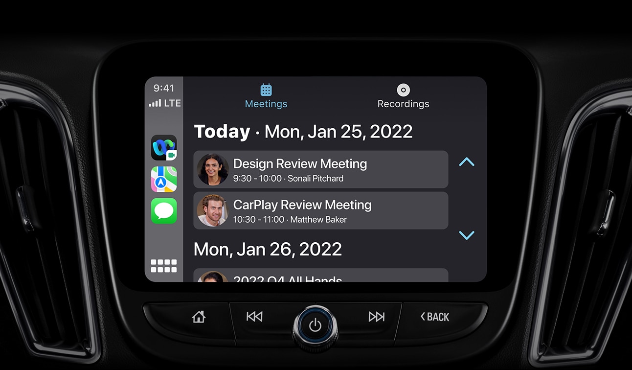 Example of the Webex Meetings for Apple CarPlays