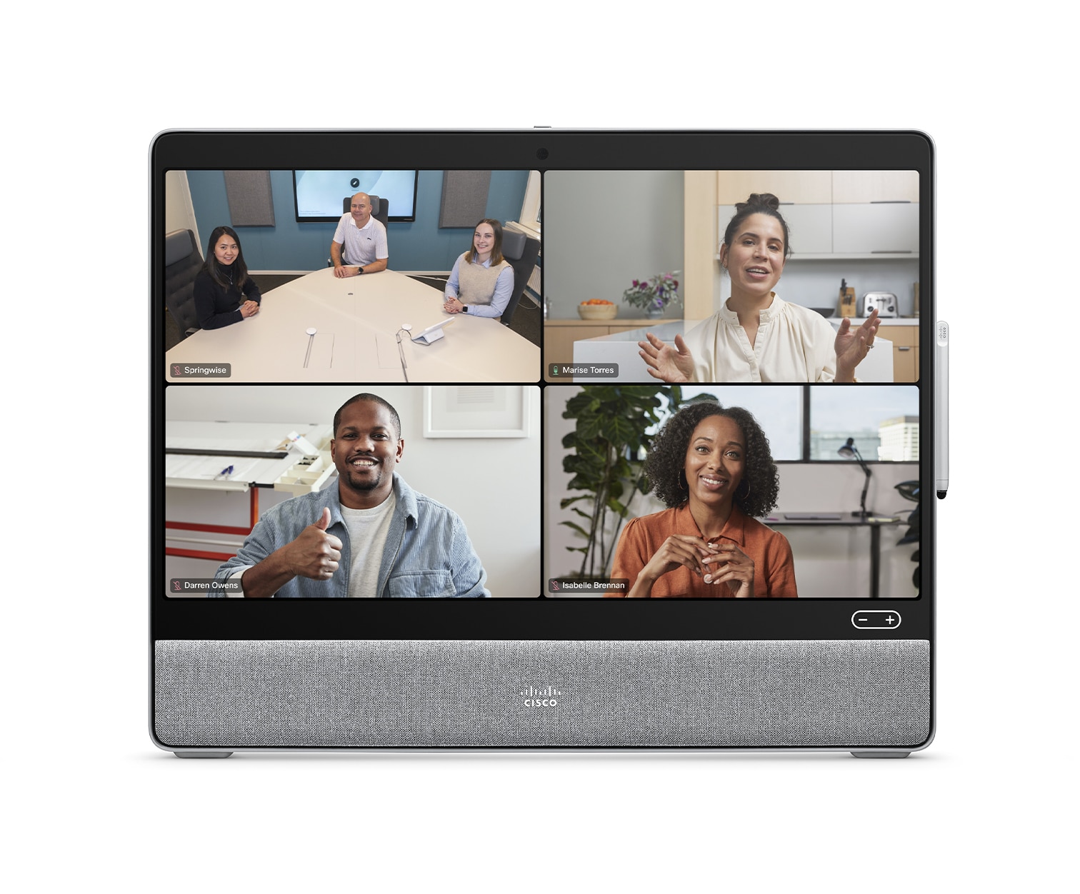 Grid view on Cisco Desk device with Third-party meeting platform selected for video conference.