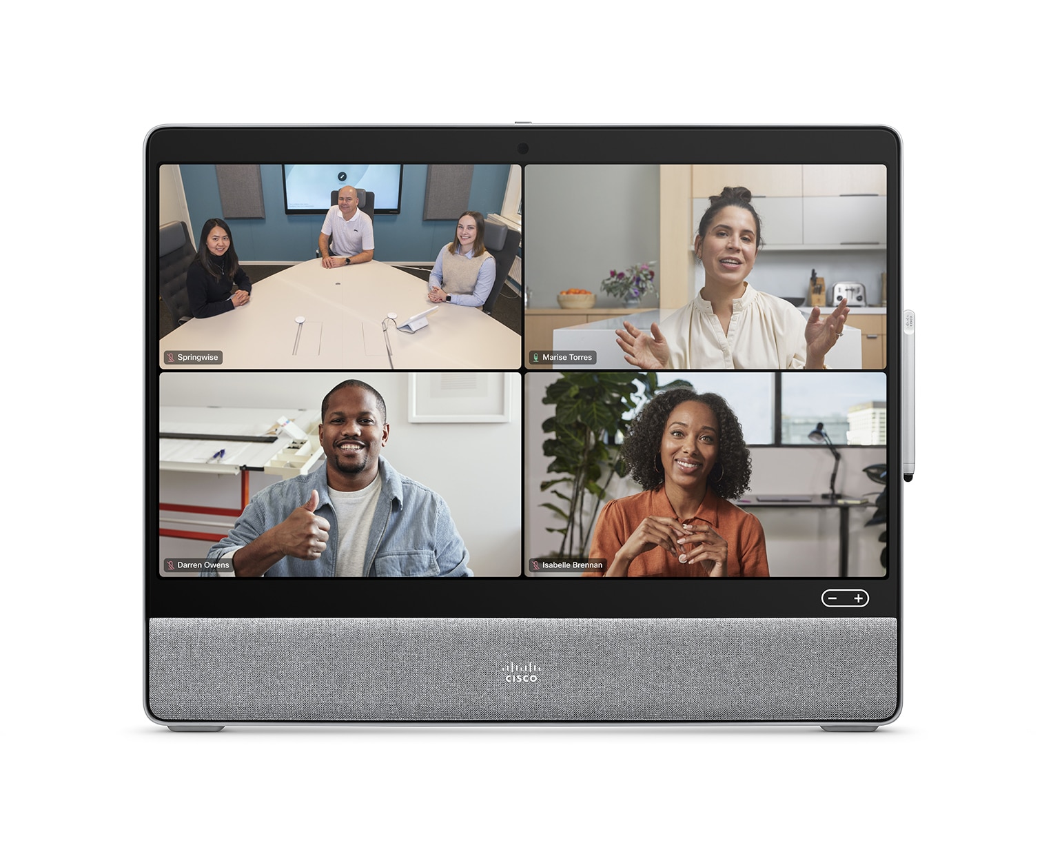 Grid view on Cisco Desk device with Webex meeting platform selected for video conference.