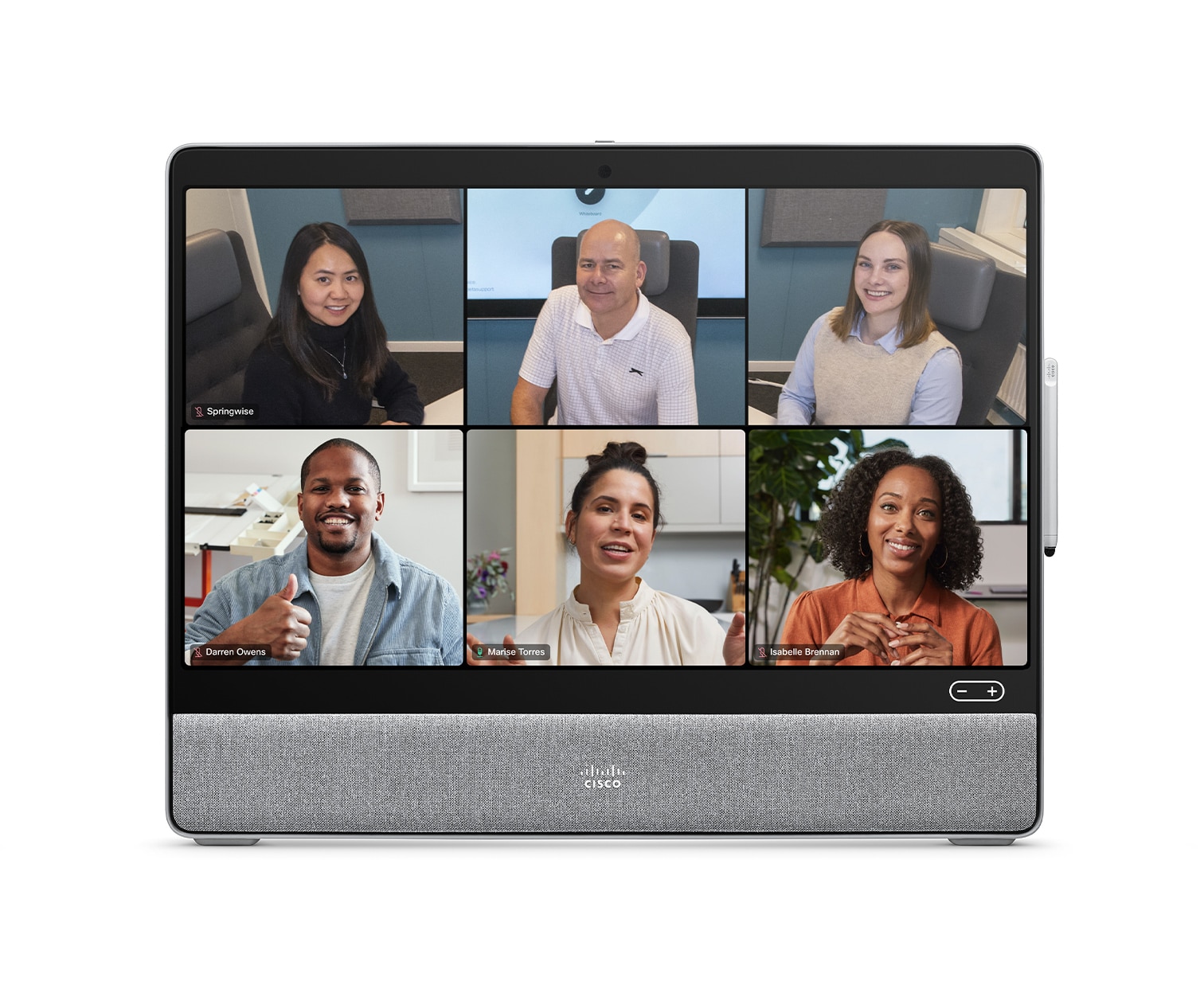 Frames and People Focus view on Cisco Desk device with Webex meeting platform selected for video conference.