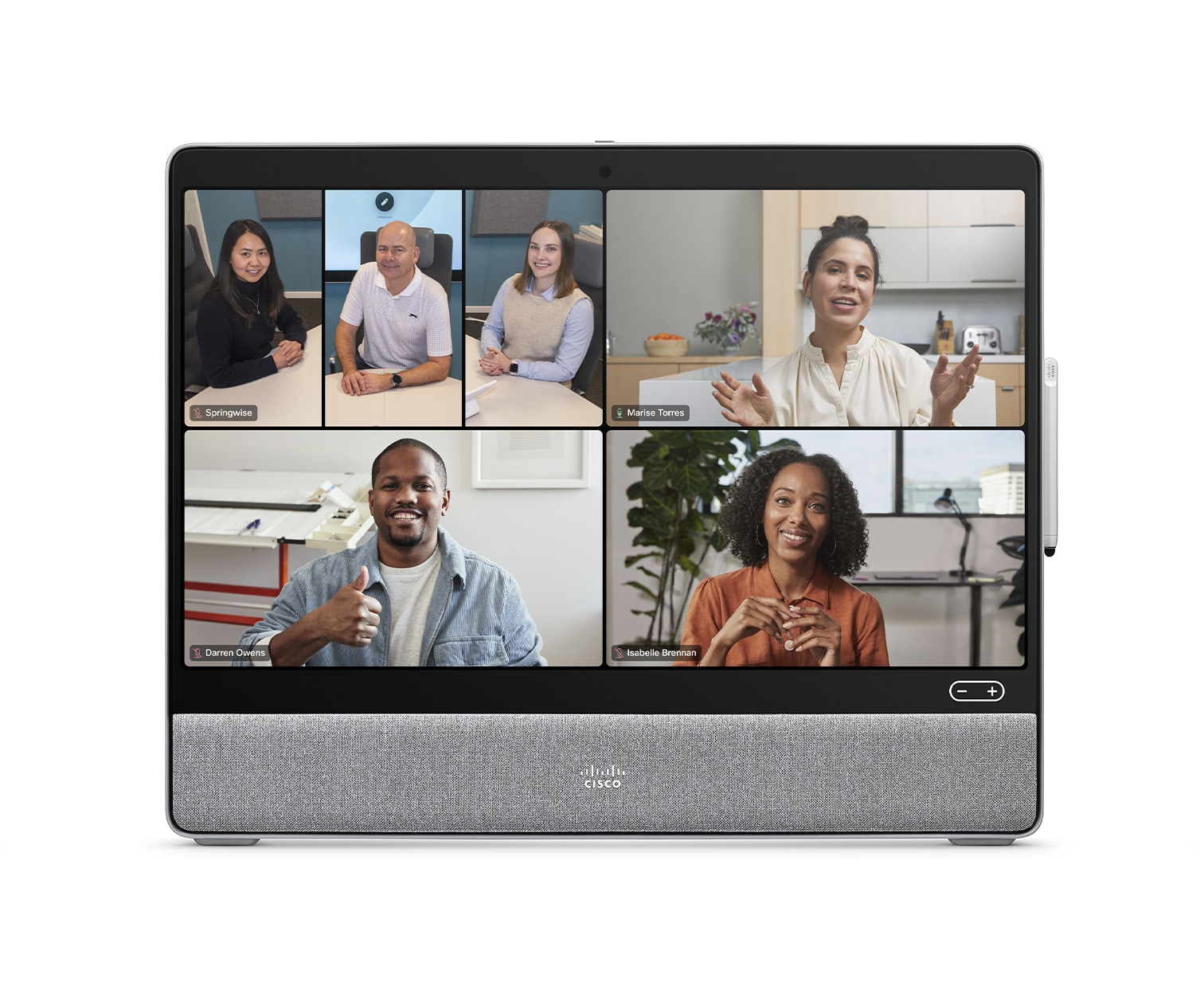 Frames view on Cisco Desk device with Webex meeting platform selected for video conference.