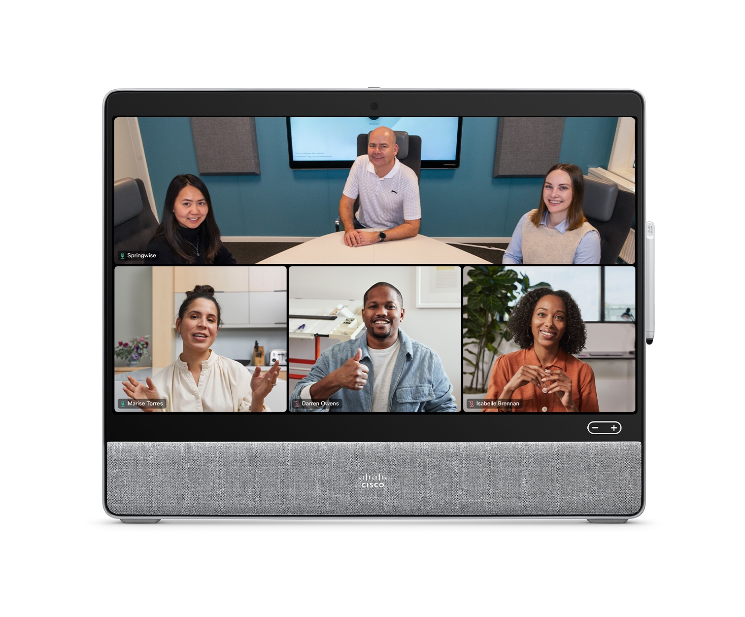 People Focus view on Cisco Desk device with Webex meeting platform selected for video conference.
