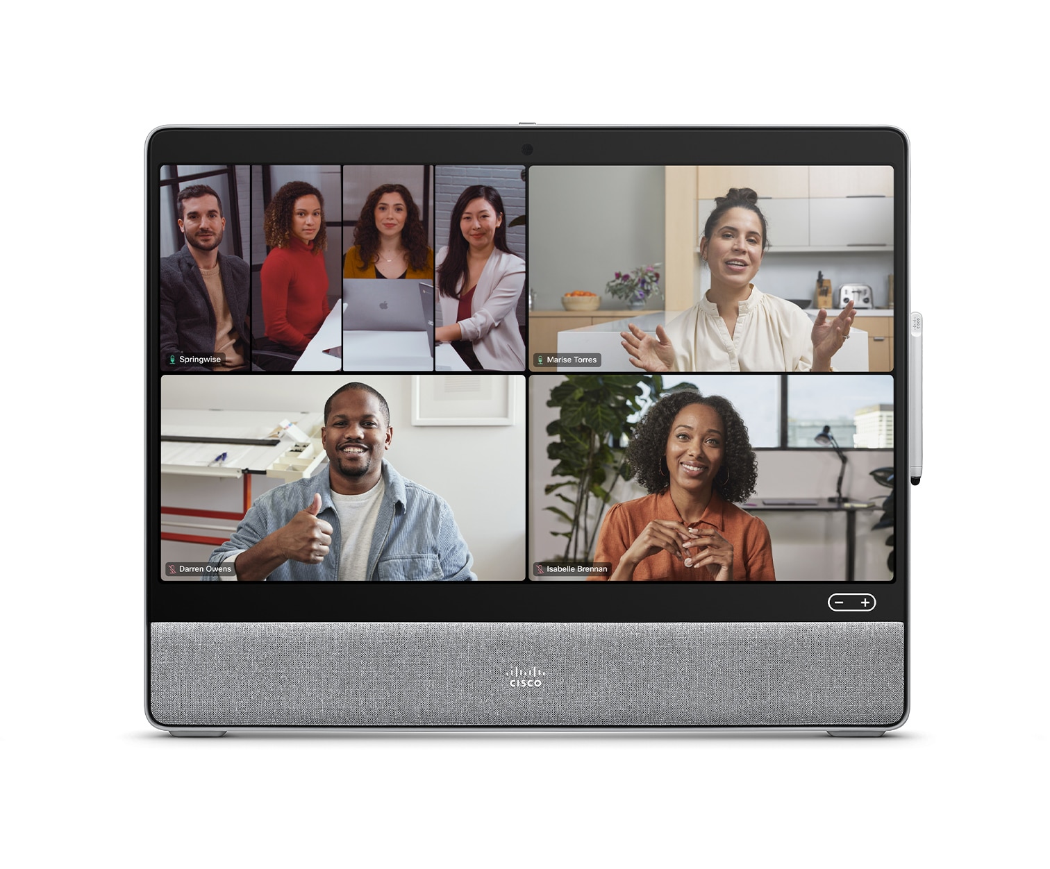 Frames view on Cisco Desk device with Third-party meeting platform and 4 people selected for video conference.