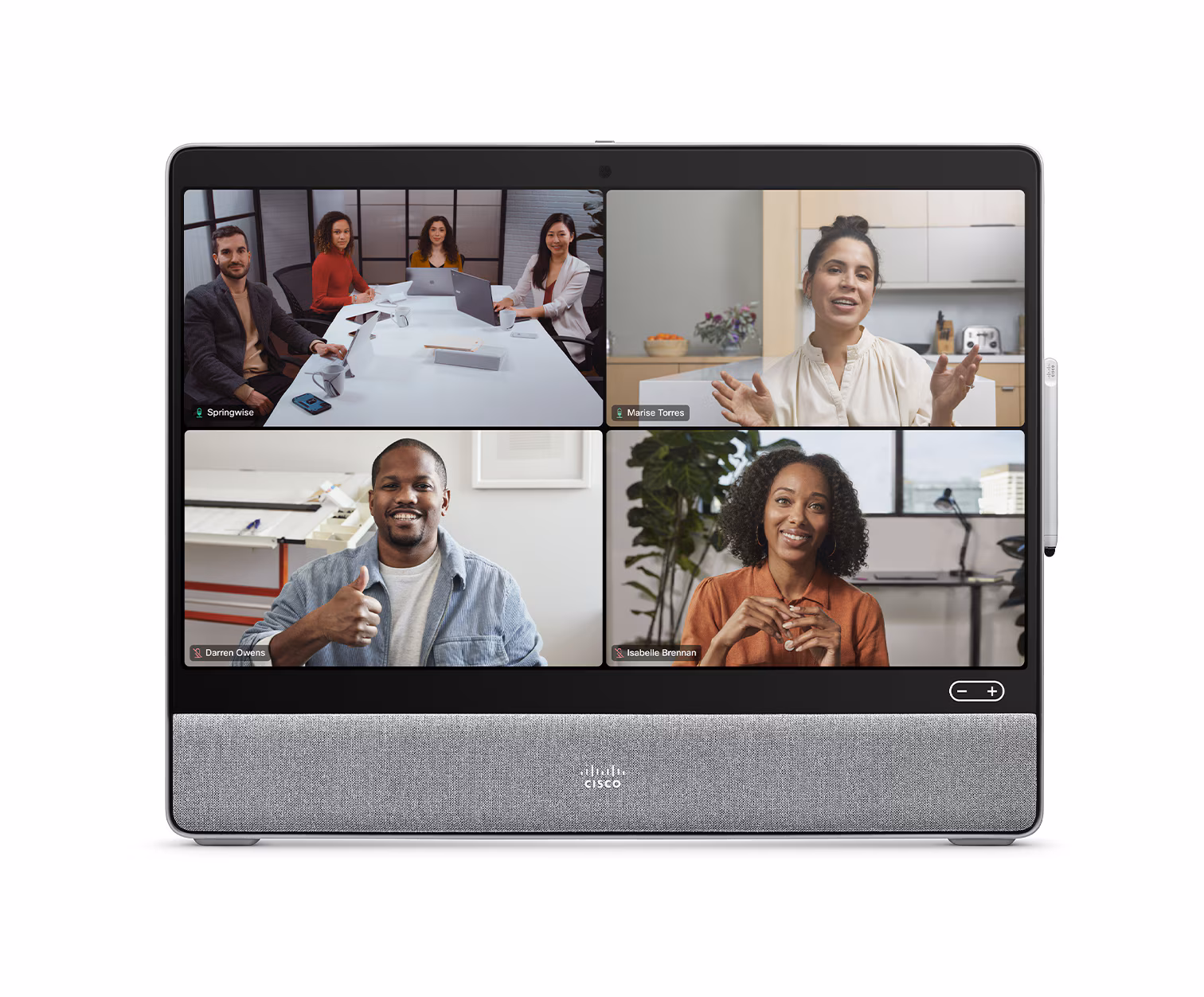 Grid view on Cisco Desk device with Webex meeting platform and 4 people selected for video conference.