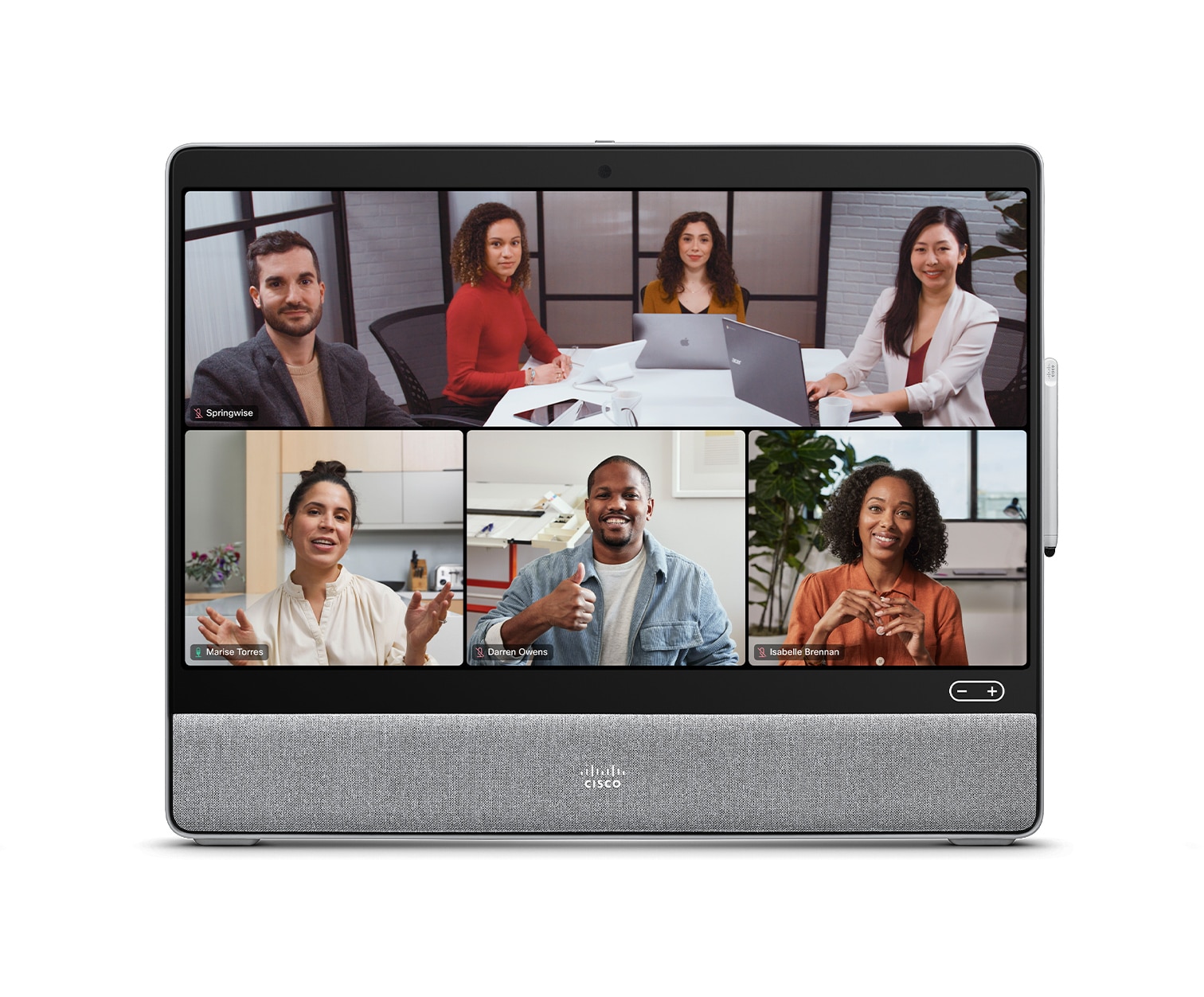 People Focus view on Cisco Desk device with Webex meeting platform and 4 people selected for video conference.
