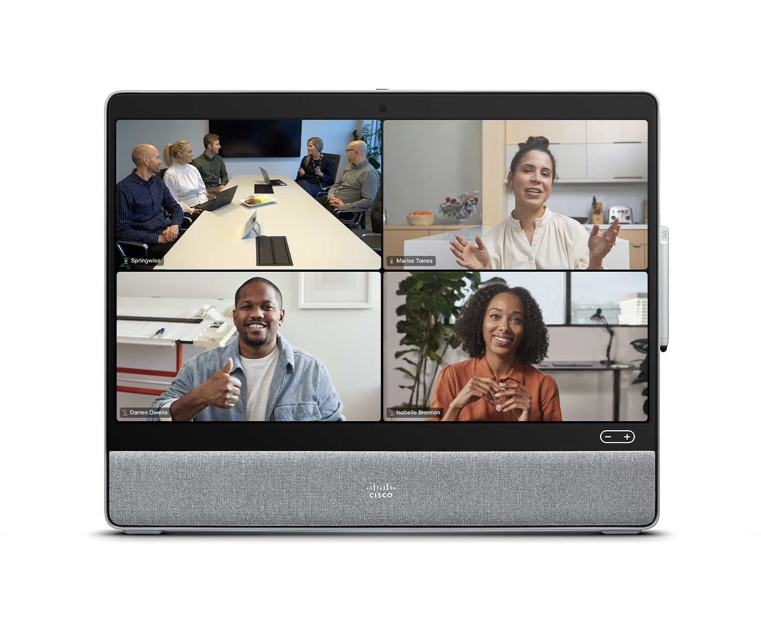 Grid view on Cisco Desk device with Webex meeting platform and 5 people selected for video conference.
