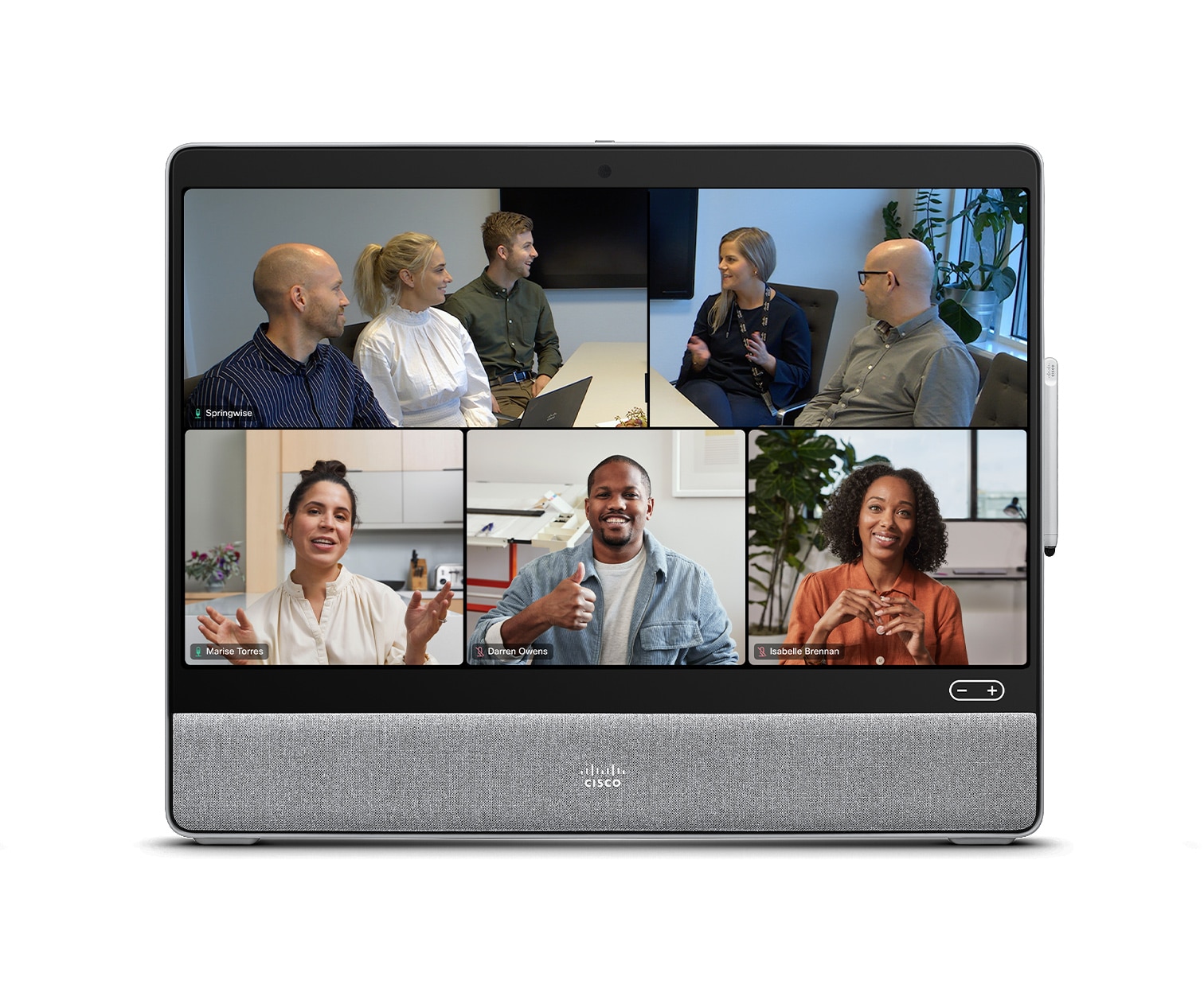 Frames and People Focus view on Cisco Desk device with Webex meetings platform and 5 people selected for video conference.