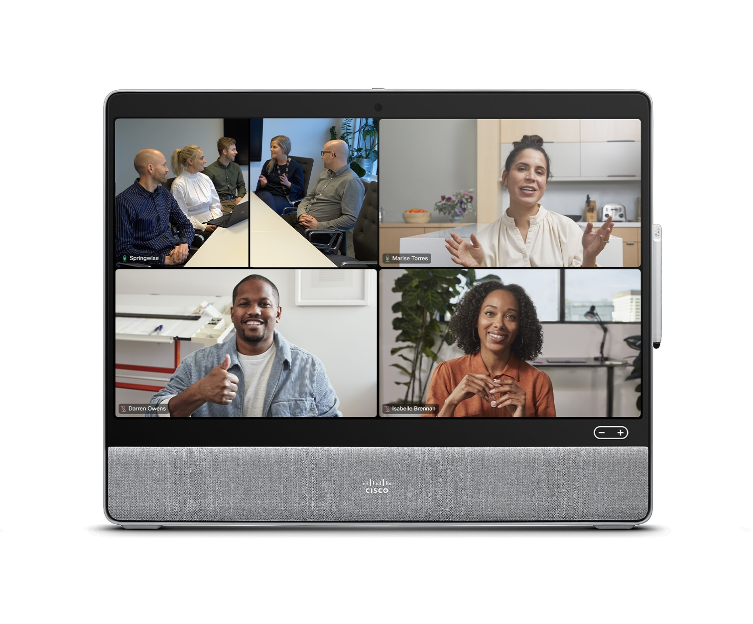 Frames view on Cisco Desk device with Webex meeting platform and 5 people selected for video conference.