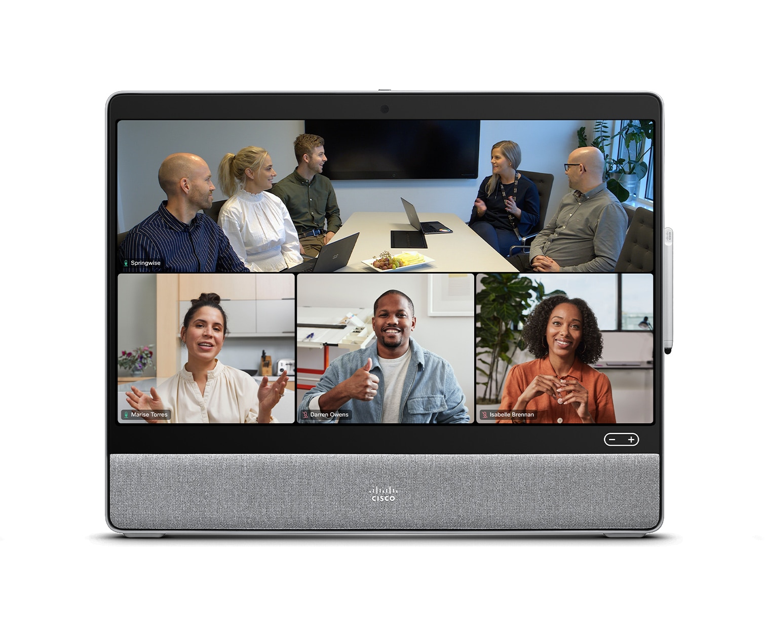 People Focus view on Cisco Desk device with Webex meeting platform and 5 people selected for video conference.
