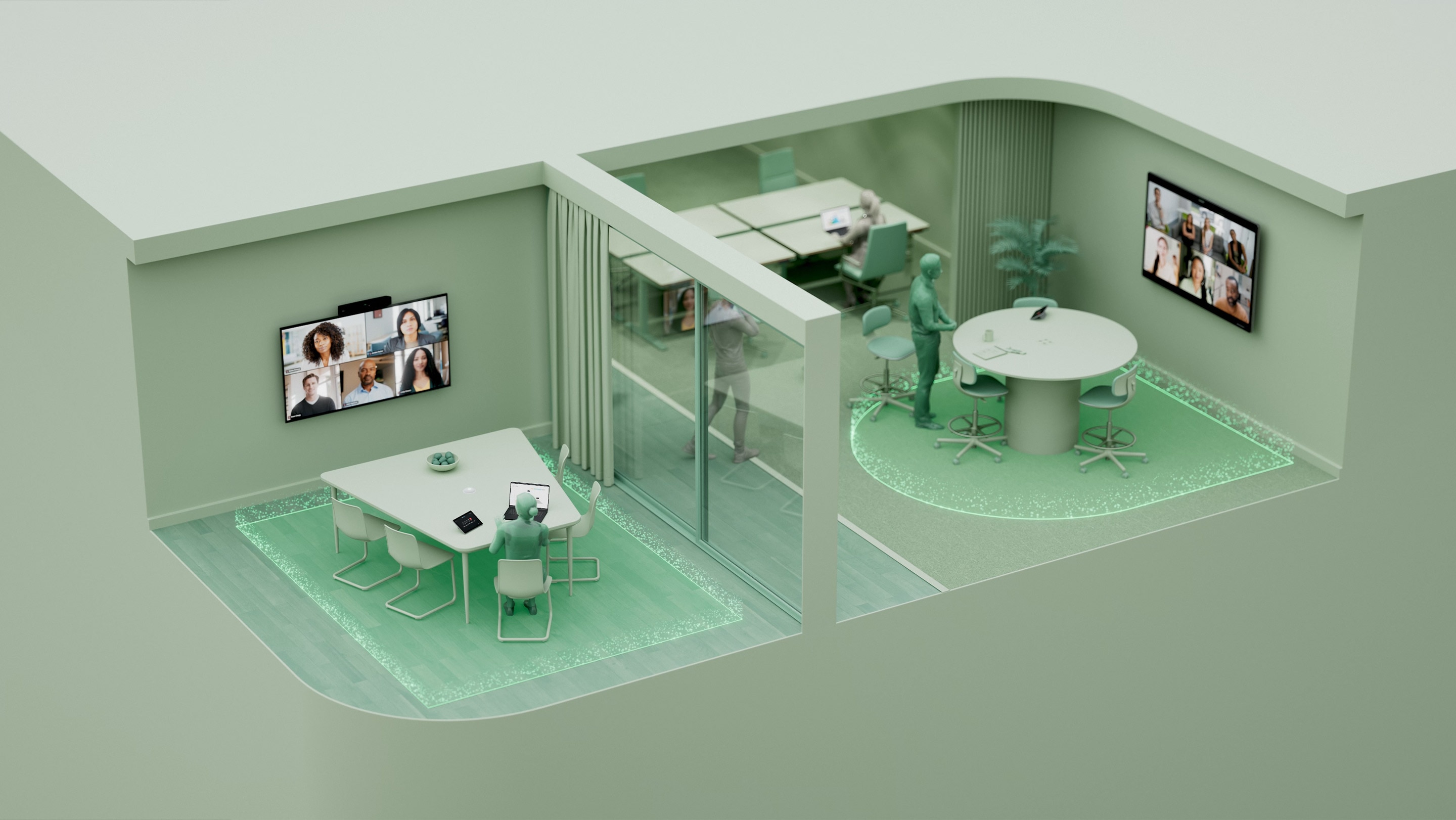 Rendering of hybrid workspace with small conference room, open ideation space, and Cisco Room and Board devices.
