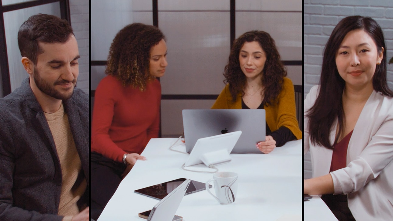 User uses a Cisco Desk Mini to engage with video conference attendees joining from a remote meeting room who are displayed in a group overview and equitably framed view.