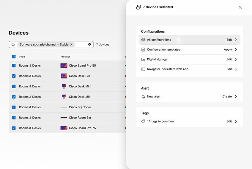 Control Hub view of device status with configuration menu selected.