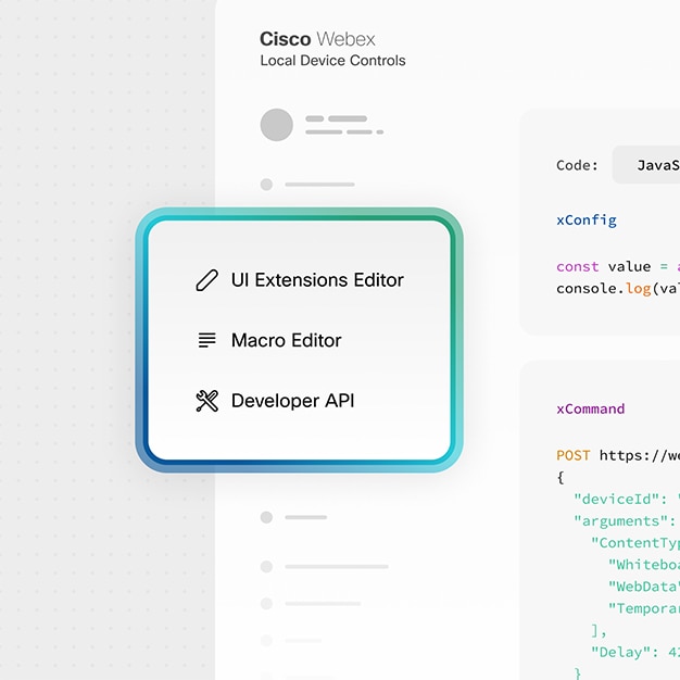 Screenshot of Cisco Control Hub highlighting UI extensions editor, macro editor, and developer API features.