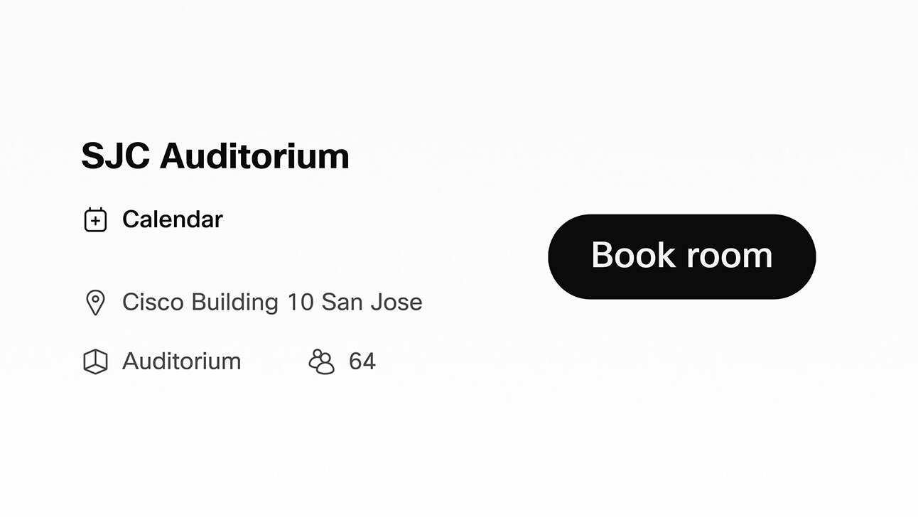 Rendering of auditorium equipped with Cisco Codec EQ, Cisco Quad Camera, and Cisco Board Pro and Book Room to calendar menu selected.