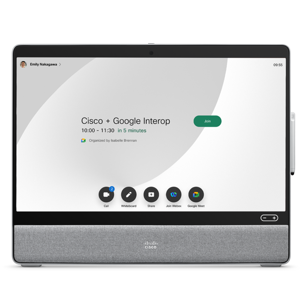 A Webex Desk Pro. The screen shows a meeting titled "Cisco + Google Interop" and a green "Join" button, plus five other apps.