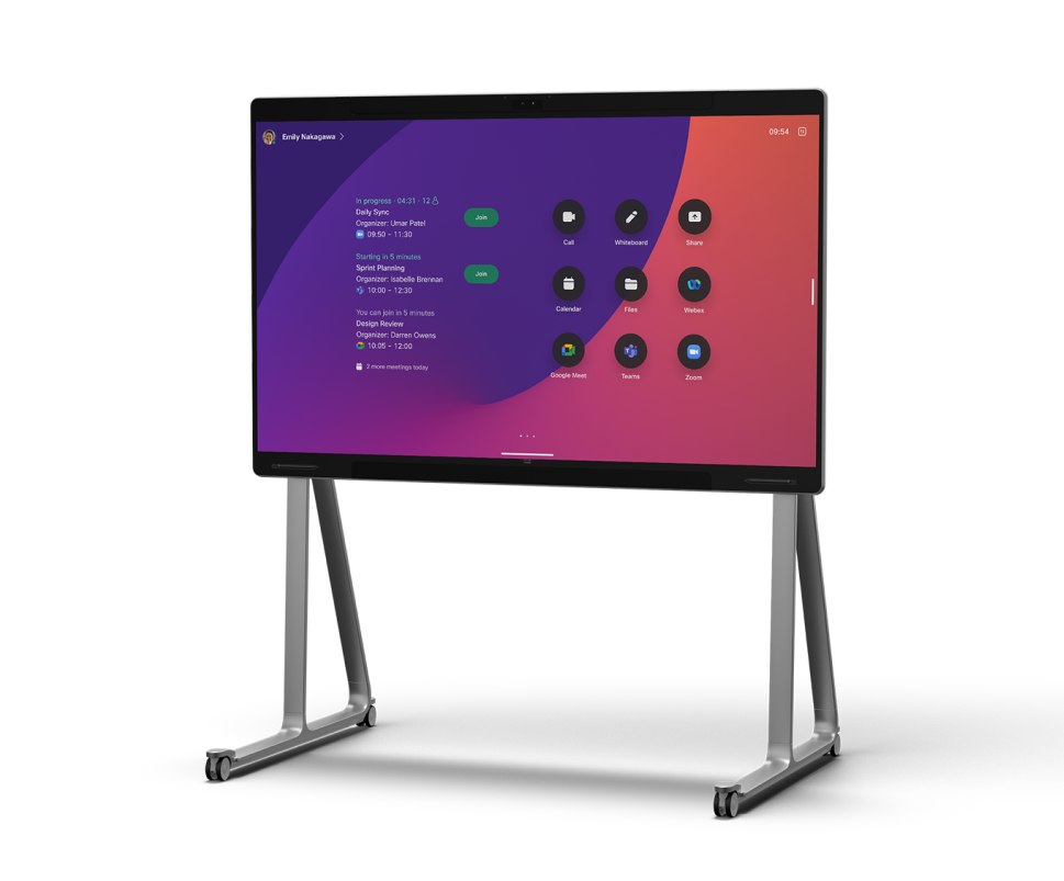 Webex Board Pro on wheels, shown from front. Screen displays upcoming meetings and apps like Webex, Call, and Whiteboard.
