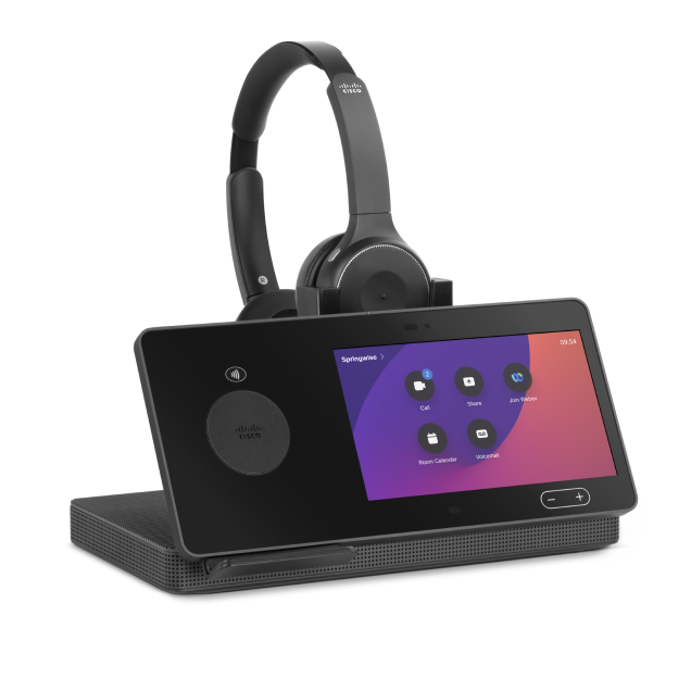 Webex Desk Hub, shown from front with headset. Screen displays time of 9:54 and 5 apps including Call and Join Webex.