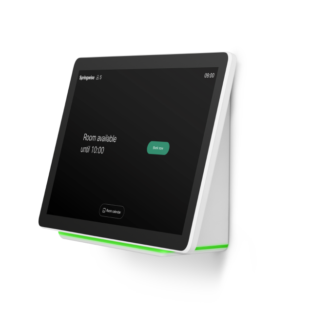 Webex Room Navigator on wall. Screen shows time of 9:00, a green Book Now button, and notes "Room available until 10:00"